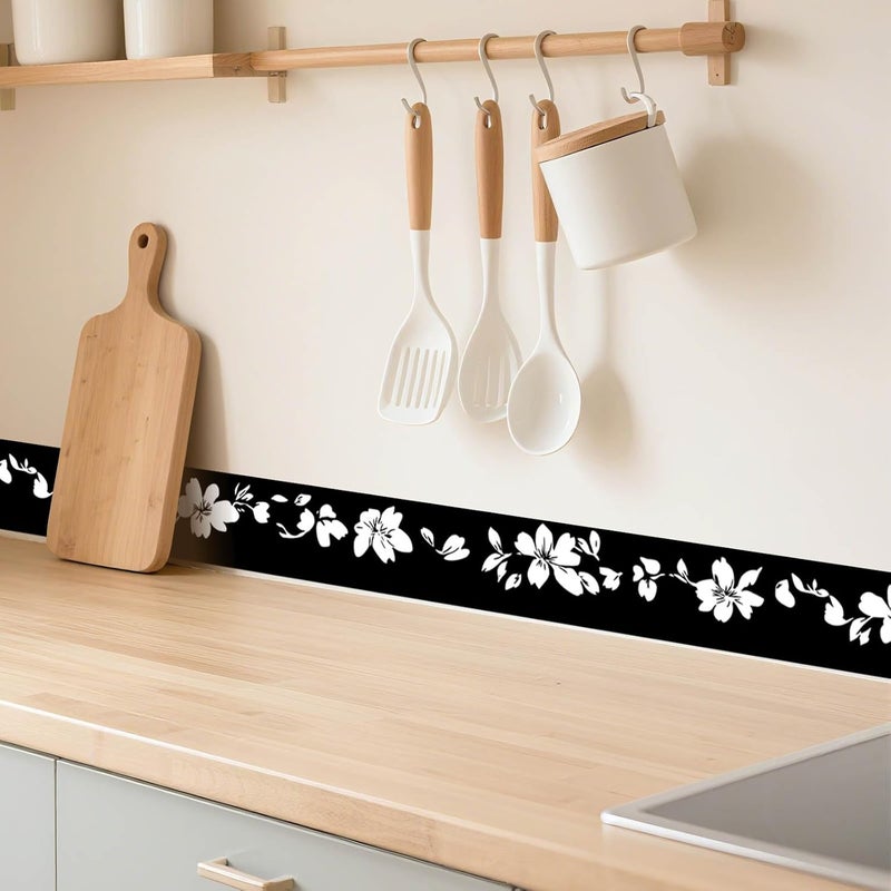 IVN Wallpaper Border Peel and Stick Decorative Wall Trim Self Adhesive Black and White Floral Silhouette Design Wallpaper for Bathroom Laundry Room Pool Area Mirror Frame Shelf Wall Edge 4x196 Inch - Image 2